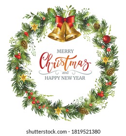 Christmas wreath with golden bells, , fir branches, holly berries and lettering inscription. Vector illustration.