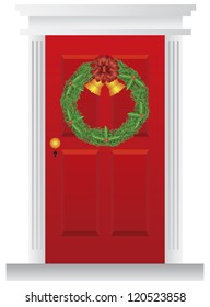 Christmas Wreath with Golden Bells Hanging on Red Door with Trimmings Illustration Vector