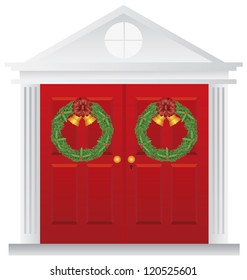 Christmas Wreath with Golden Bells Hanging on Double Red Door with Trimmings Illustration Vector