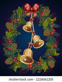 Christmas wreath with golden bells.Vector illustration with a New Year's wreath of Christmas tree branches, berries and bells on a colored background.