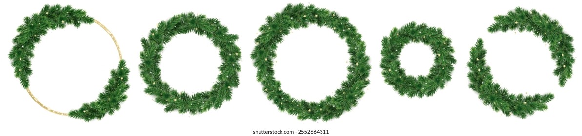 Christmas wreath with golden confetti. Golden glitter ring. Christmas tree decoration. Holiday garland. Festive frame, realistic fir-tree branches. Transparent background in vector file.