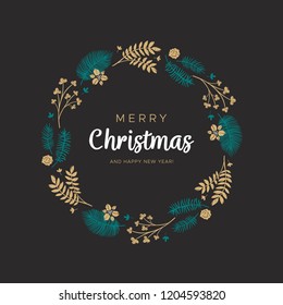 Christmas wreath with golden leaves and pine branches on the black background. Unique design for your greeting cards, banners, flyers. Vector illustration in modern style.