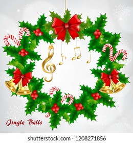 Christmas wreath with golden musical notes and treble clef