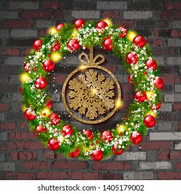 Christmas wreath with a Golden snowflake on the background of an old brick wall. Vector illustration