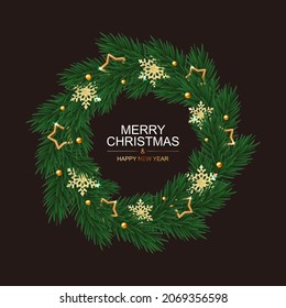 Christmas wreath with golden snowflakes and stars on dark background. 