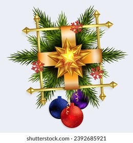 Christmas wreath with golden square frame with Christmas toys, isolated design element.
