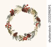 Christmas wreath - golden stars, green leaves, mistletoe, red berries and pine branches and cones. Holiday round frame for christmas and new year wishes.