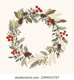 Christmas wreath - golden stars, green leaves, mistletoe, red berries and pine branches and cones. Holiday round frame for christmas and new year wishes.