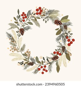 Christmas wreath - golden stars, green leaves, mistletoe, red berries and pine branches and cones. Holiday round frame for christmas and new year wishes.