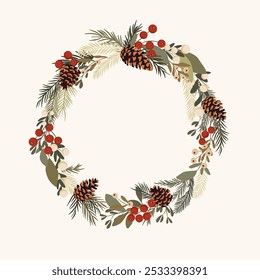 Christmas wreath - golden stars, green leaves, mistletoe, red berries and pine branches and cones. Holiday round frame for christmas and new year wishes.