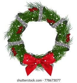 Christmas wreath. Good New Year spirit. Christmas tree, bow, festive ribbon. White snow. Vector illustration.