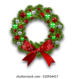 Christmas wreath. Green branch of fir tree with red, silver, green balls and ribbon on a white background. Christmas cards. Vector illustration