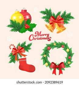 Christmas wreath with green branches, red and gold ball, candy cane, star, leaf and bow. Christmas cutout element for Holiday cards, invitations and website. Vector illustration celebration decoration