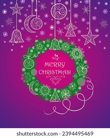 Christmas wreath with green conifer branches and lacy golden decoration on violet background