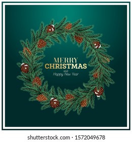 Christmas Wreath with Green Fir Branch and Cones on Green Background. Vector Illustration.