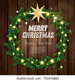 Christmas Wreath with Green Fir Branch, Light Garland and Golden Star on Wooden Background. Vector Illustration.