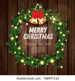 Christmas Wreath with Green Fir Branch, Light Garland, Red Bow and Golden Bells on Wooden Background. Vector Illustration.