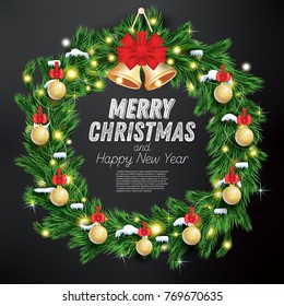 Christmas Wreath with Green Fir Branch, Light Garland and Golden Bells on Black Background. Vector Illustration.