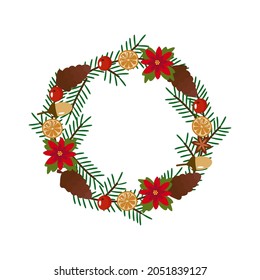 Christmas wreath with green fir branches, poinsettia, orange, cones, berries and acorns. New Year vector illustration, postcard, banner, poster