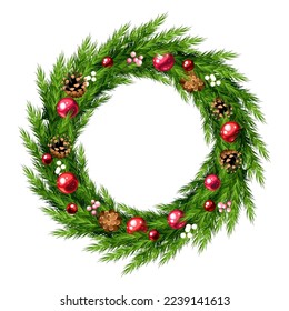 Christmas wreath with green fir branches, red Christmas balls, and pine cones. Greeting or invitation card design. Vector illustration