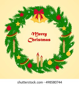 Christmas wreath with green fir branches, red and yellow festive balls, stars, beads, bells and bow, lighted candles and white snowflakes on golden background. New Year card in flat style.