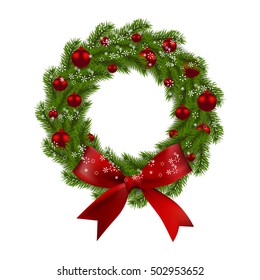 Christmas wreath. Green fir branches with red balls and bow on a white background. Christmas decorations. Vector illustration