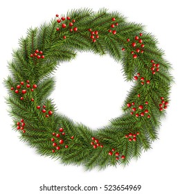 Christmas wreath green fir tree. Vector 3D christmas background.