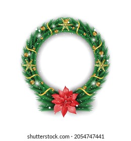 Christmas wreath green leaf circle frame with and red flower