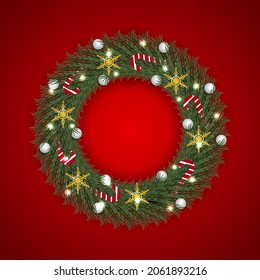 Christmas wreath green leaf with white balls and candy  snowflakes