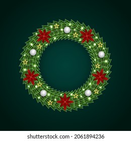 Christmas wreath green leaf with white balls and golden stars red flowers