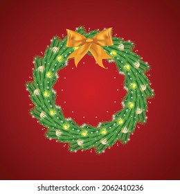 Christmas wreath with green leaves and decoration balls. Xmas green wreath on a red background. Merry Christmas wreath with golden decoration balls and glowing snowflakes. Christmas elements.