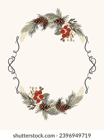 Christmas wreath - green leaves, mistletoe, red berries and pine branches and cones. Holiday oval frame for christmas and new year wishes.