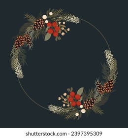 Christmas wreath - green leaves, mistletoe, red berries and pine branches and cones. Holiday round frame for christmas and new year wishes.