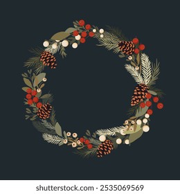 Coroa de Natal - folhas verdes, visco, bagas vermelhas e ramos de pinho e cones. Quadro de férias para Natal e desejos de ano novo.