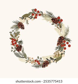 Christmas wreath - green leaves, mistletoe, red berries and pine branches and cones. Holiday round frame for christmas and new year wishes.