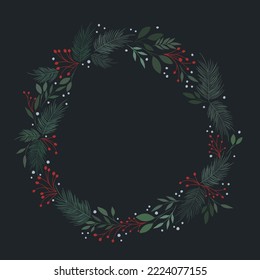 Christmas wreath - green leaves, red berries and pine branches. Holiday round frame for Christmas and New Year wishes.