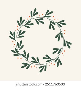 Christmas wreath with green leaves and red berries on white background