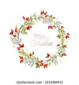 Christmas wreath, Green pine branches, red rose hip berries. Winter Xmas holiday design greeting card template. Vector illustration design for banner, flyer, cover. Vector floral illustration