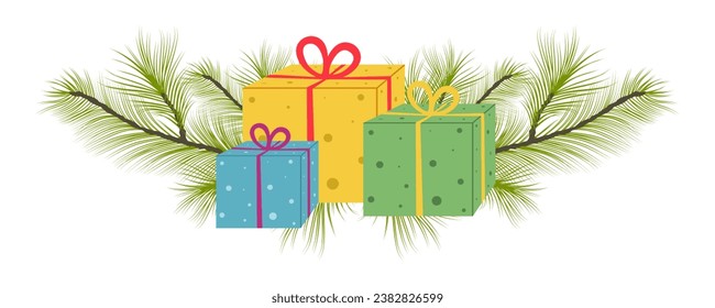 Christmas wreath with green pine tree branch or fir branches and gifts. Green lush spruce branch and colorful gift boxes with string bow isolated on white background. Flat vector illustration