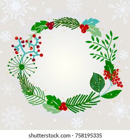 Christmas wreath greeting card with snowflake, branch and  mistletoe
