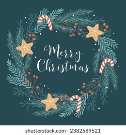 Christmas wreath greeting card template with hand drawn elements. Vector illustration in flat style