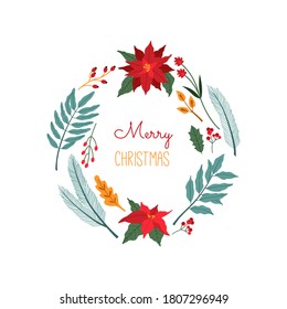 Christmas wreath, greeting card, Traditional usa elements, poinsettia flowers, holly berry, tree brunch and leaves in flat cartoon style. Simple illustration, isolated on white background. 