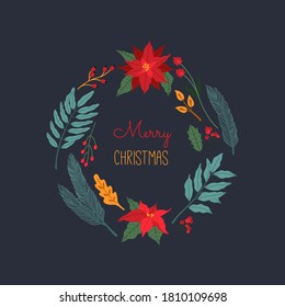 Christmas wreath, greeting card, Traditional usa elements, poinsettia flowers, holly berry, tree brunch and laurel leaves in flat cartoon style. Simple illustration, isolated on dark blue background. 