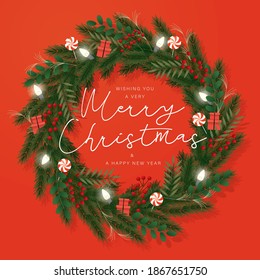 christmas wreath greeting design template vector, illustration