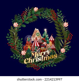 christmas wreath greetings design template vector, illustration