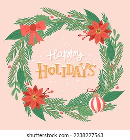 Christmas wreath with hand drawn elementa and lettering. Greeting card template. Festive vector illustration in flat cartoon style