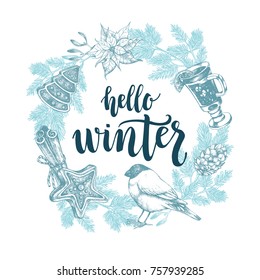Christmas wreath with hand drawn elements - gingerbread, spices, bullfinch. Background with winter holiday decorations. Template for cards, invitations. Vector illustration with brush lettering.