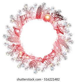 Christmas wreath. Hand drawn illustration with fir tree branches, balls bow, gift box. Engraved traditional xmas decoration element. Great for greeting and invitation card, holiday banner. Vector.
