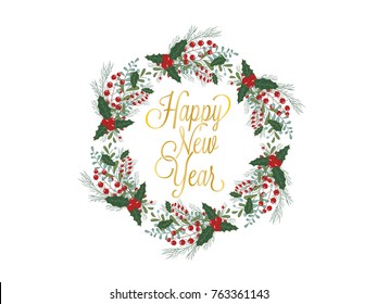 Christmas wreath hand drawn illustration for greeting cards isolated on white