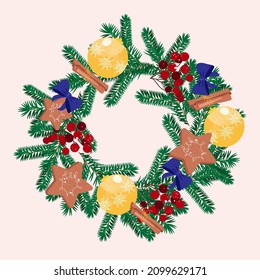 Christmas wreath with hand drawn red balls,cookies, cinnamon